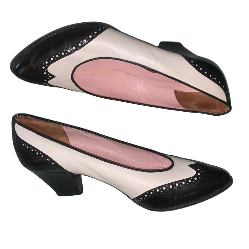 CAREL Paris Vintage Two-Tone Pumps 7 Black White Leather Low Heel Retro Shoes - Picture 3 of 11
